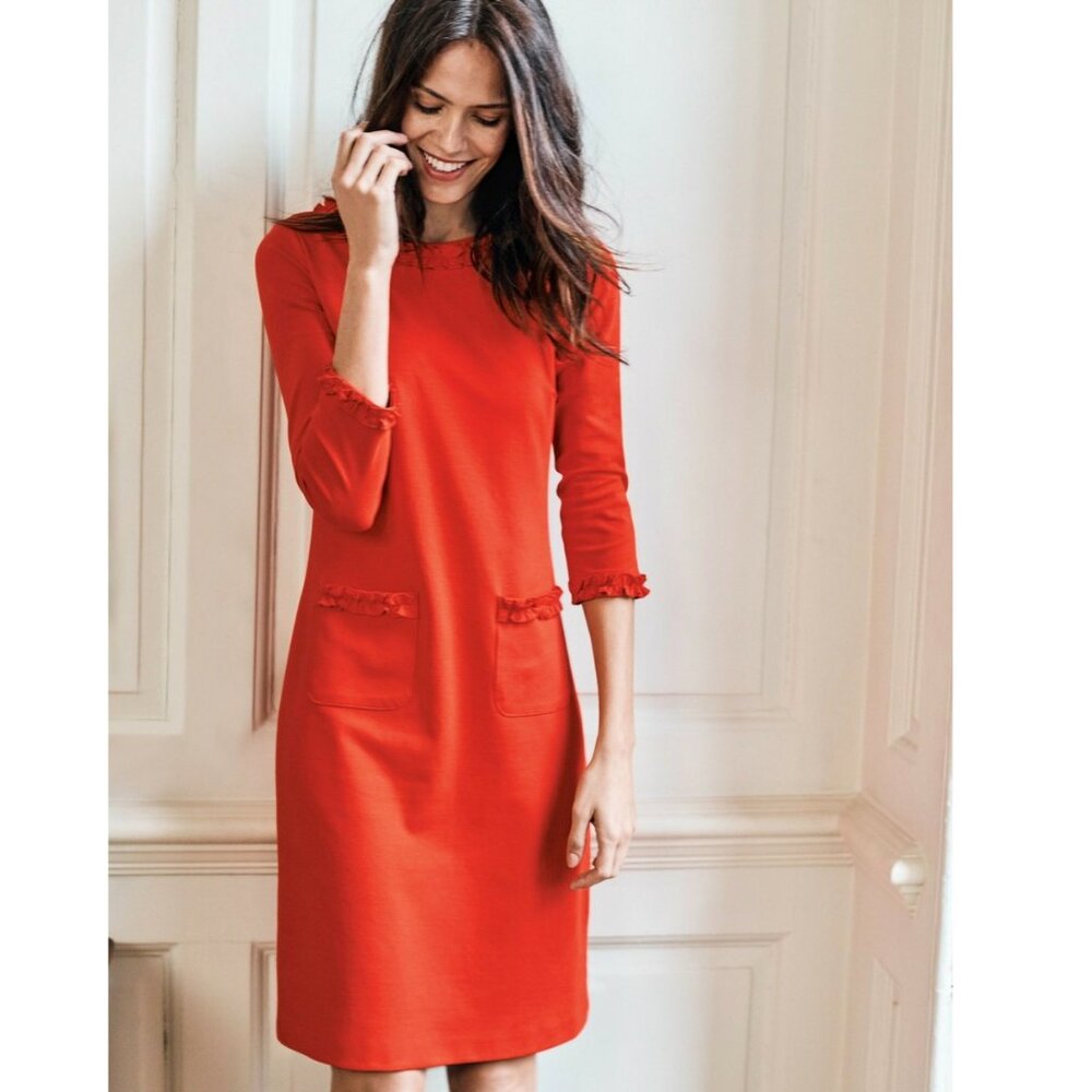 Boden Miranda Red Ruffle Ponte Shift Dress 3/4 Sleeve Ruffle Pockets Size 2